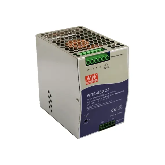 MEAN WELL DIN sínes tápegység. Tápfeszültség: egyfázisú / kétfázisú - 180÷550VAC / 254÷780VDC. Kimeneti feszültség: 20A/24VDC.