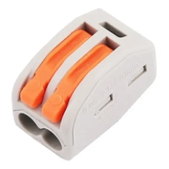 WAGO rendszerű sorkapocs gyorscsatlakozo 2 vezeteket kozosit Névleges feszültség 450V, Névleges áram 32A, AWG/mm 0,14(0,2)-4mm, Feszültség csillapitas 2.5KV, Szalaghossz 11mm, 2 polus, Rugo rozsdamentes acél, erintkezo nikkel-on