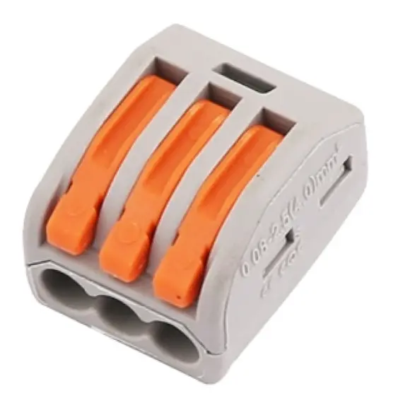 WAGO rendszerű gyorscsatlakozó Névleges feszültség (V): 450, Névleges áram (A): 32, Huzalátmérő (AWG/mm): 0.14(0.2)-4mm, Feszültség ellenállás (KV): 2.5, Szalaghossz (mm: 11, Pólusok száma (p): 3, Srapnel: Rozsdamentes acél Érintkezési anyag: Nikkel ón