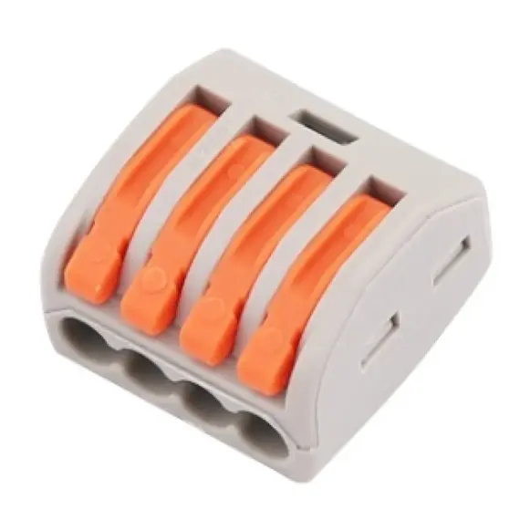 WAGO rendszerű gyorscsatlakozó Névleges feszültség (V): 450, Névleges áram (A): 32 Huzalátmérő (AWG/mm): 0,14(0,2)-4mm, Feszültség ellenállás (KV): 2.5, Szalaghossz (mm: 11, Pólusok száma (p): 4, Srapnel: Rozsdamentes acél, Érintkezési anyag: Nikkel ón