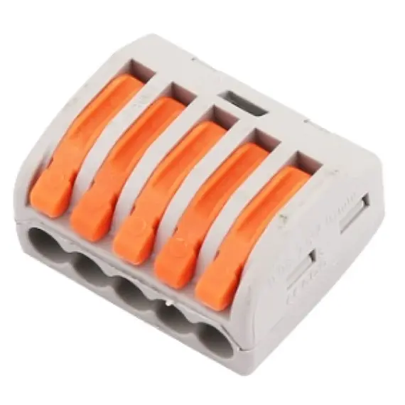 WAGO rendszerű gyorscsatlakozó Névleges feszültség (V): 450 Névleges áram (A): 32, Huzalátmérő (AWG/mm): 0.14(0.2)-4mm Feszültség ellenállás (KV): 2.5, Szalaghossz (mm: 11, Pólusok száma (p): 5, Srapnel: Rozsdamentes acél, Érintkezési anyag: Nikkel ón