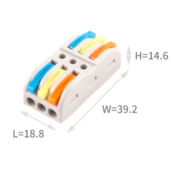 WAGO rendszerű gyorscsatlakozó Névleges feszültség (V): 600, Névleges áram (A): 32, Vezetékek terjedelme (mm): 28-12AWG, Pólusok száma (p): 6, Érintkező anyag: réz