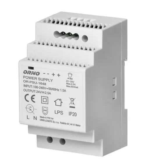 ORNO OR-PSU-1648 DIN sínre szerelhető tápegység 24VDC, 2.5A, 60W, 3 modul szélesség