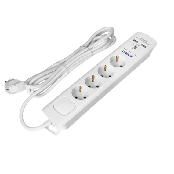 ORNO ORAE13243(GS)/W/3M túlfeszültség-védett elosztó, 4 aljzattal, 3 m kábellel, USB töltővel