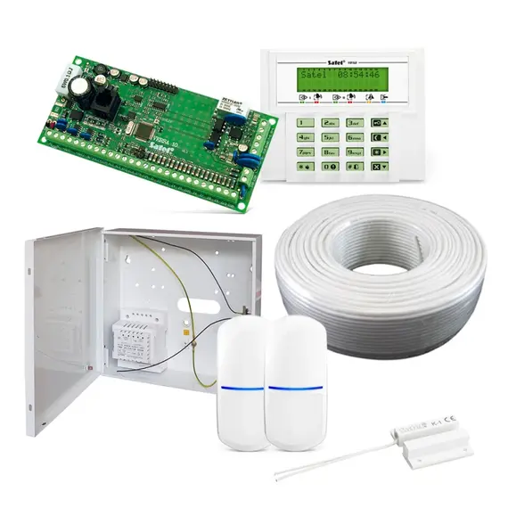 SATEL VERSA 10 zónás telefon kommunikátoros riasztóközpont szett, LCD kezelő, 2db PIR, 100m 6x0,22 kábellel