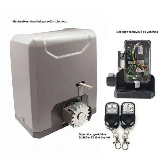 TIGERMAT TM-SL800 Kit_mech_mTX - automata tolókapu motor és vezérlés 2db ugrókódos 433Mhz-es távirányítóval, mechanikus végálláskapcsolóval, max.800kg