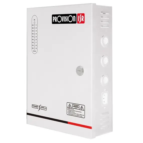 PROVISION-ISR Tápegység CCTV-hez, 8 csatornás, zárható fémdobozban, 100-240 Vac bemenet, 12-14 Vdc (szabályozható) max. 5A kimenet