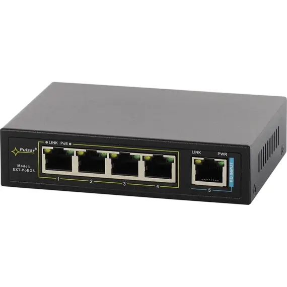 PULSAR EXT-POEG5 Ethernet PoE extender 5 portos, 48–57 V DC, 60 W, LED kijelzéssel, SCP/OLP védelemmel