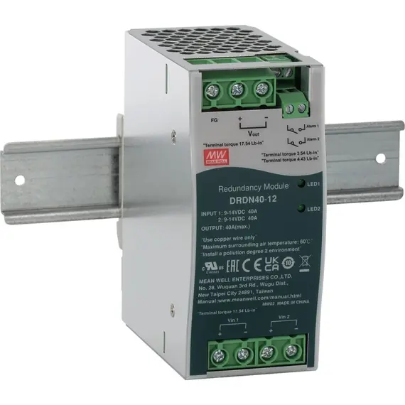 PULSAR DRDN40 redundáns tápegység modul 12V DC 40A DIN-sínre szerelhető, SCP/OLP védelemmel, LED kijelzéssel