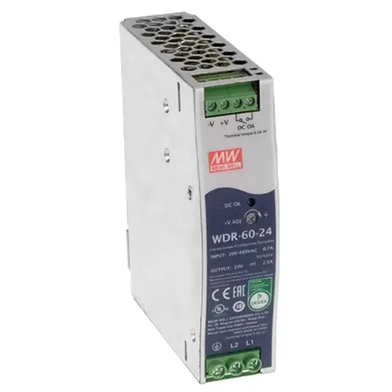 PULSAR WDR-60-24 DIN sínre szerelhető tápegység, 24V DC, 2.5A, 60W, széles bemeneti tartomány