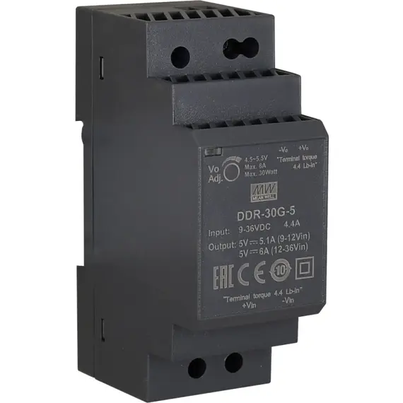 PULSAR DDR 5V/30W/6A DC/DC átalakító DIN sínre, állítható kimenet, védelemmel, kompakt méret