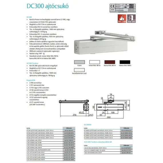 ASSA ABLOY Ajtóbehúzó test max. 1400 mm ajtószélességig, max 120kg-os ajtókig, állítható kar magasság (14mm), csukóerő: EN 3-6