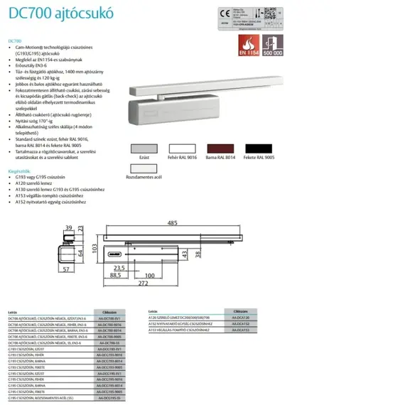 ASSA ABLOY ajtóbehúzó, közepes és nagyméretű ajtókhoz, gyakori igénybevétel, EN 3-6 csukóerő, 120kg maximális ajtótömeg, 1400mm maximális ajtószá