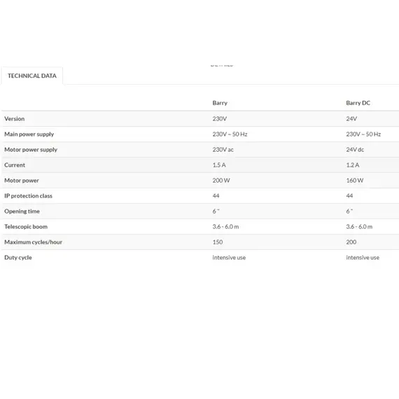 PROTECO Sorompó, jobbos, electromechanikus, 6m-ig kihúzható teleszkópos karral, 24V-os