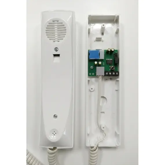 CODEFON kétvezetékes digitális beltéri egység, fehér ház fehér hallgatóval, ajtó nyitó gomb