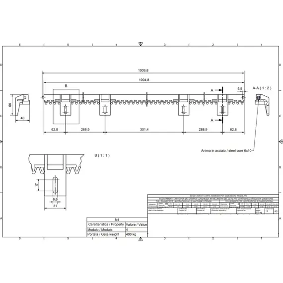TIGERMAT Fogasléc, fémszál erősítésű műanyag, 1m-es, 4 felfogatással, 400 kg-os kapuig, fekete, csavarok nélkül