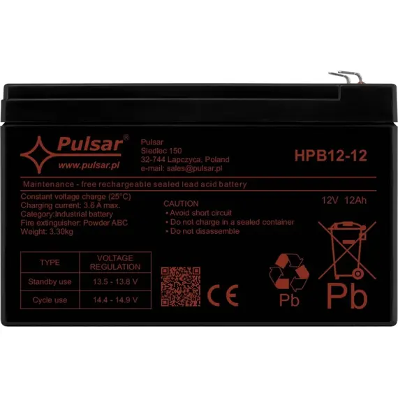 PULSAR AGM akkumulátor, 12 V /12 Ah, karbantartásmentes, 8 év élettartam