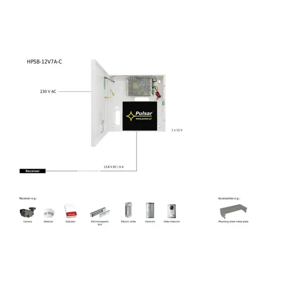 PULSAR Szünetmentes kapcsolóüzemű tápegység, szabotázsvédett fémdobozban. 200-240VAC, 13,8VDC/6A, Akku töltőáram: 1 A/2 A. Akkumulátor: 7/17 Ah