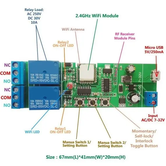 HONNOR SECURITY 2CH WiFi Smart Switch, wifi relé