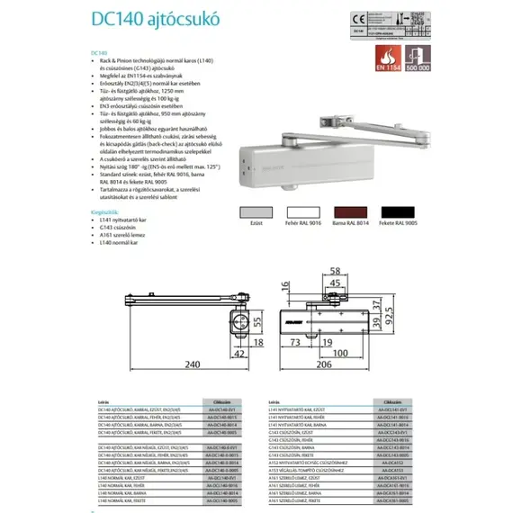 ASSA ABLOY AA karos ajtócsukó EN2/3/4/(5), ezüst