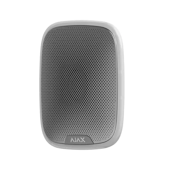 AJAX SYSTEMS Ajax StreetSiren vezetéknélküli kültéri hang-/fényjelző állítható hangerővel 85-113 dB 1 m LED vizuális visszajelzéssel, beépített gyorsulásérzékelős tampervédelem, elemes tápellátás opciónális külső betáplálással 12V DC, fehér