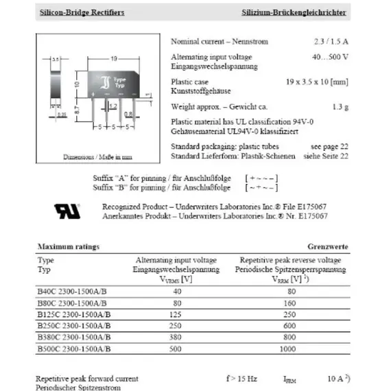 SOLLEYSEC GRAETZ 500V 1.5A 20X10mm