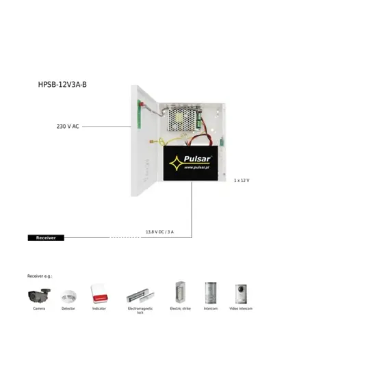 PULSAR Kapcsolóüzemű szünetmentes tápegység, szabotázsvédett fémdobozban, 230V / 13,8V - 3A Akku: 12V/7A  