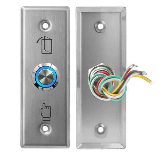 HONNOR SECURITY HS-K6A-LED Rozsdamentes acél ajtókioldó kilépő nyomógomb, LED háttérvilágítással, 12–24V DC, 93x30mm, IP44