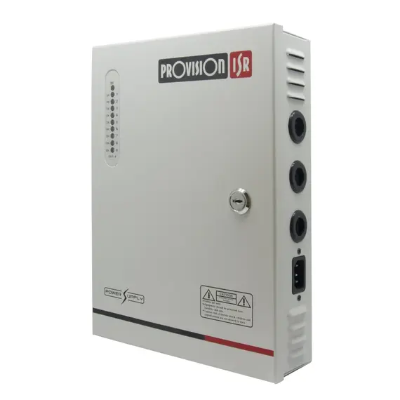 PROVISION-ISR Tápegység CCTV-hez, 16 csatornás, zárható fémdobozban, 110/230 Vac bemenet, 12-14 Vdc (szabályozható) max. 12A kimenet