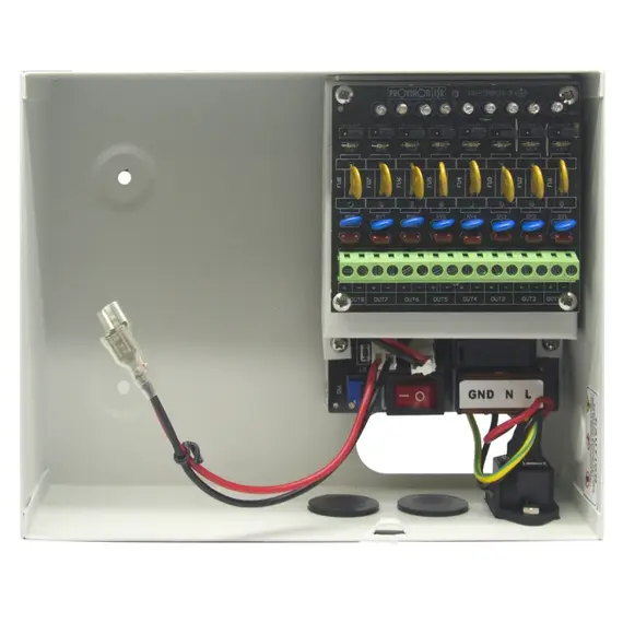 PROVISION-ISR Tápegység CCTV-hez,  8-csatornás, zárható fémdobozban, 100-240 Vac bemenet, 12-15 Vdc (szabályozható), max. 5A kimenet