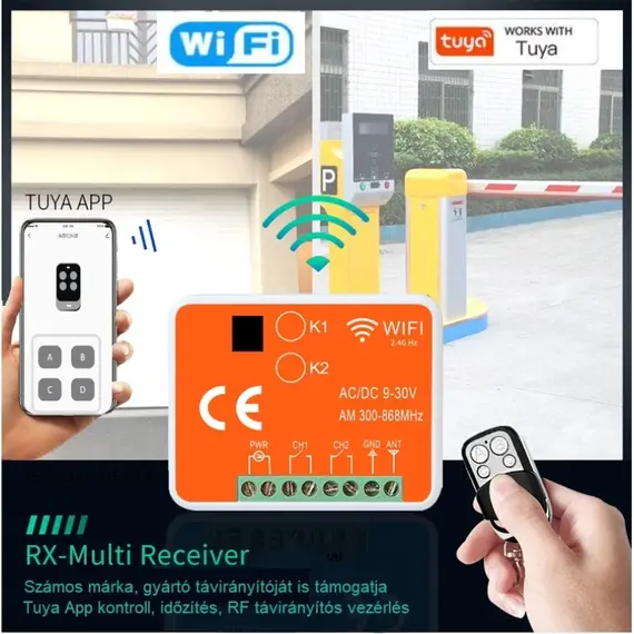 TIGERMAT TM-YET402WTR-MF univerzális vevő RX Multi Wifi 2 csatornával 433-868 MHz, Tuya alkalmazással is működtethető