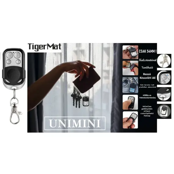TIGERMAT Mini 4 csatornás tanítható RF távirányító, fix kód, 266-433 MHz