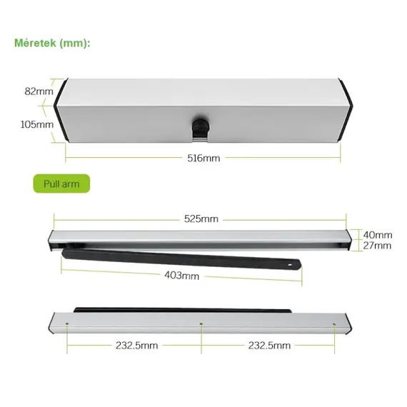 TIGERMAT ED100 PULL Automatikus, távirányítóval és kontaktussal vezérelhető csúszókaros ajtónyitó, lengőajtónyitó mozgató motor, automatika 2db távirányítóval