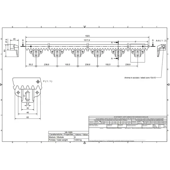 TIGERMAT Fogasléc, fémszál erősítésű műanyag, 1m-es, 6 felfogatással, V alakú, 1200Kg-os kapuig, csendes működés