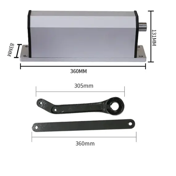 TIGERMAT TM-RS-140 Oldalsó rögzítésű keskeny csuklókaros ajtó/kapunyitómotor vezérléssel, 2db fix kód távirányító, 90° nyitási szög, max. 1200 mm, 140 kg ajtó 