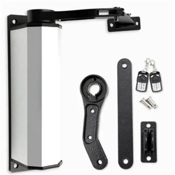 TIGERMAT TM-RS-140 Oldalsó rögzítésű keskeny csuklókaros ajtó/kapunyitómotor vezérléssel, 2db fix kód távirányító, 90° nyitási szög, max. 1200 mm, 140 kg ajtó 