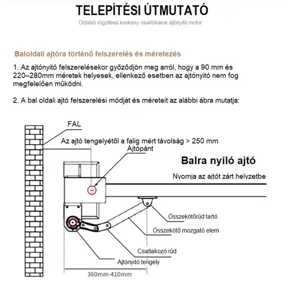 TIGERMAT TM-RS-140 Oldalsó rögzítésű keskeny csuklókaros ajtó/kapunyitómotor vezérléssel, 2db fix kód távirányító, 90° nyitási szög, max. 1200 mm, 140 kg ajtó 