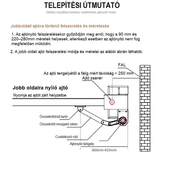 TIGERMAT TM-RS-140 Oldalsó rögzítésű keskeny csuklókaros ajtó/kapunyitómotor vezérléssel, 2db fix kód távirányító, 90° nyitási szög, max. 1200 mm, 140 kg ajtó 