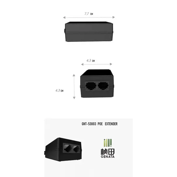 GENATA GNT-53003 Gigabites PoE injektor 30W 48V IEEE 802.3af/at IP40 fémházas fekete