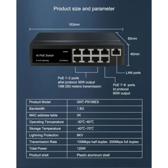 GENATA GNT-P9109ES – 8FE (PoE)+ 1FE (UP-LINK) AI PoE Switch - 9 portos AI Fast Ethernet PoE Switch (120W) vegyes ABS műanyag-alumínium ház