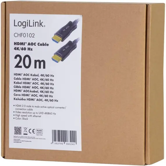 HONNOR SECURITY LogiLink HDMI 2.0 -> HDMI 2.0 M/M aktív video kábel 20m fekete AOC