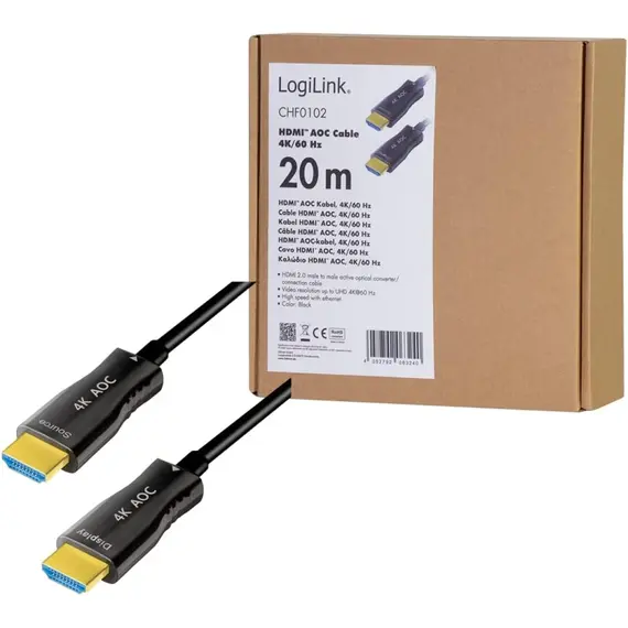 HONNOR SECURITY LogiLink HDMI 2.0 -> HDMI 2.0 M/M aktív video kábel 20m fekete AOC