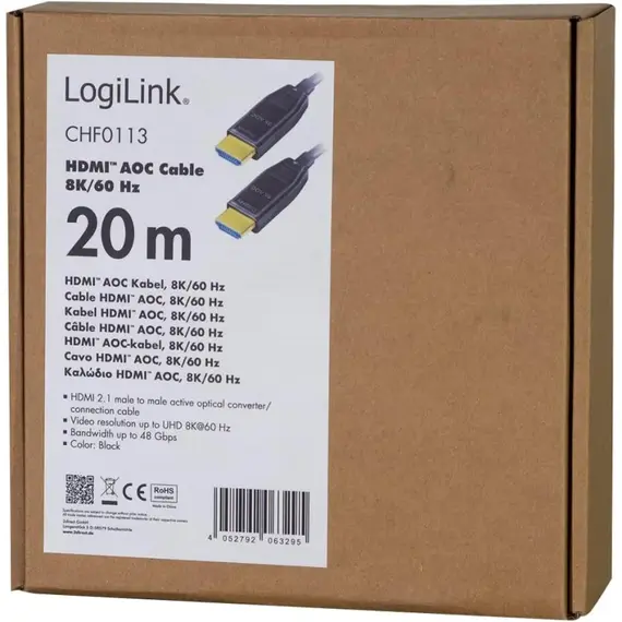 HONNOR SECURITY LogiLink AOC HDMI 2.1 -> HDMI 2.1 M/M video kábel 20m fekete