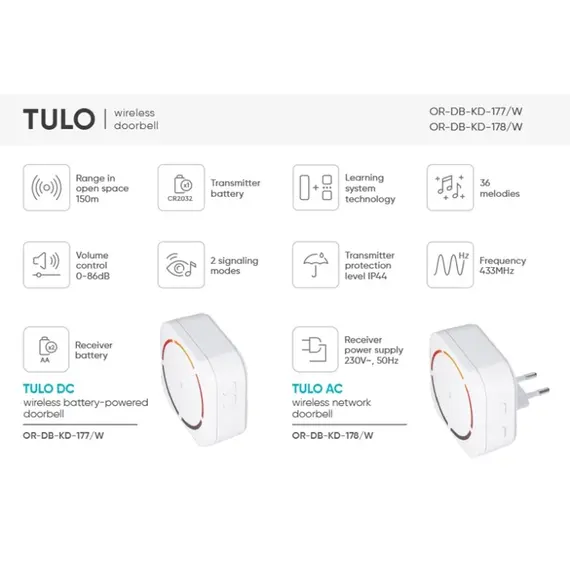 ORNO TULO DC, vezeték nélküli, akkumulátoros ajtócsengő, tanuló rendszer, 36 hang, 150 m, fehér
