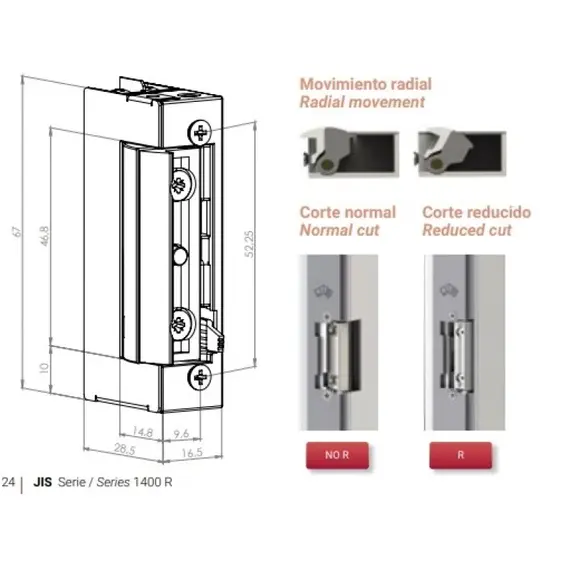 JIS Elektromos zár, ellenoldal, zárfogadó, radiálisan mozgó retesszel, kiakasztható, kisáramú, keskeny 12/24V AC/DC, 12V 100% üzem, normál, átfordítható,