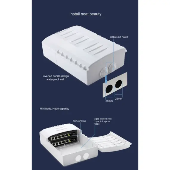 GENATA GNT-6FP51G6 – 4GE(PoE)+1GE(UP-LINK) Vízálló Kültéri Gigabit PoE++ Extend Switch (60W)