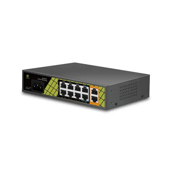 GENATA GNT-P1210SG 8FE(PoE)+2GE(UP-LINK) AI Hibrid PoE Switch, 8db 100Mbps PoE port, 2db port akár 60W, 2db 1000Mbps Uplink port.