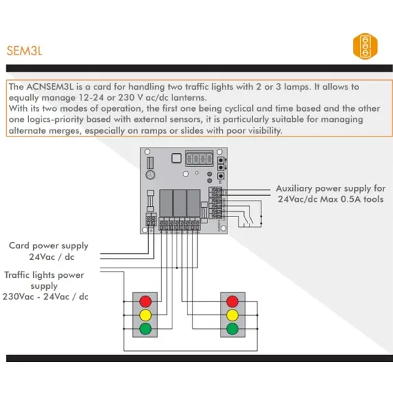 TIGERMAT Vezérlőpanel két-és háromlámpás szemaforokhoz, 24V és 230V lámpákhoz, beépített transzformátorral, 230Vac, beépíthető akkumulátor (nem tartozék)