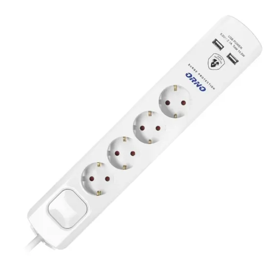 ORNO ORAE13243(GS)/W/3M túlfeszültség-védett elosztó, 4 aljzattal, 3 m kábellel, USB töltővel