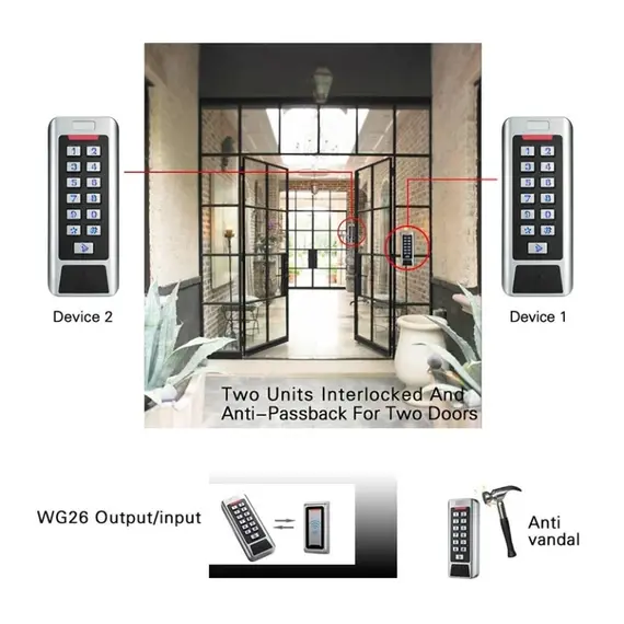 HONNOR SECURITY HS-CC1 Fémházas IP65, vítálló, két relés két ajtós RFID 125 kHz EM kártyaolvasó önálló beléptető fém billentyűzettel